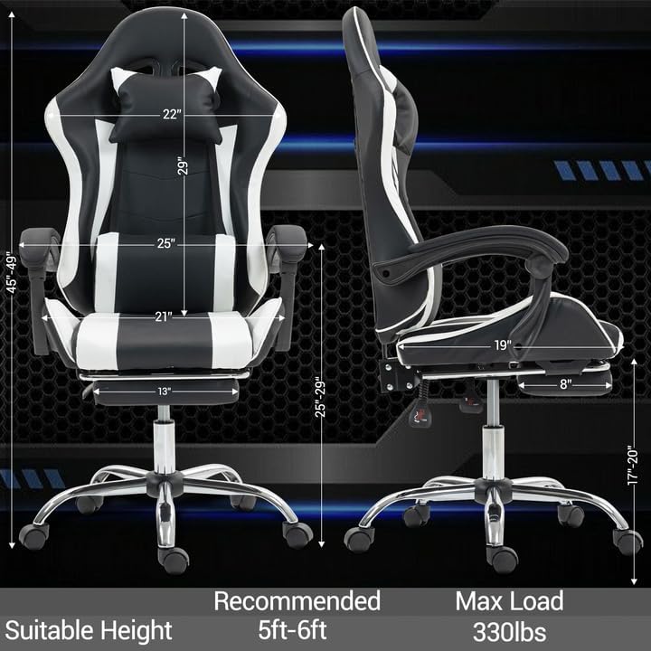 Massage Gaming Chair with Footrest，Ergonomic Video Game Chair for Adults Kids, Adjustable Headrest & Lumbar Support, 90-135° Recline, 360° Swivel, for Gaming Room Home Office Bedroom, White