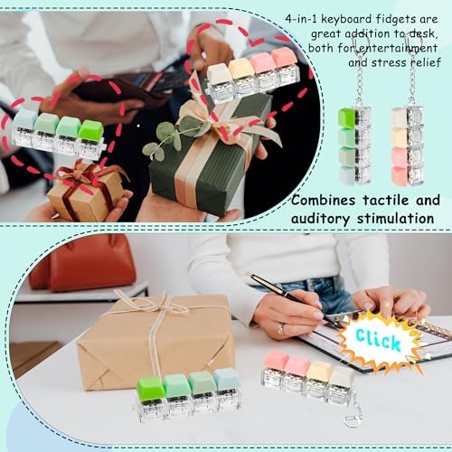 2 PCS Keyboard Fidget Toy, Keyboard Fidget Keychain 4-in-1 Keyboard Decompression Button Finger Clicker Toys, Button Stress Relief Fidget Gifts to Relief Stress (Pink Yellow White Green)
