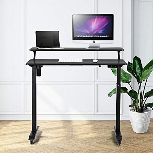 UNICOO Electric Height Adjustable 2-Tier Raising Desk with Wheels, Mobile Standing Desk with Monitor Stand, Ergonomic Adjustable Computer Table, Electric Standing Game Table for Home Office