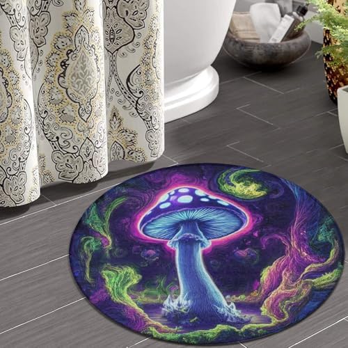 Machine Washable Modern Round Area Rug, Room Sofa Yoga Soft Round Carpet, Home Decor Non Slip Kitchen Office Circle Rug Trippy Mushrooms Purple Art, 60inch