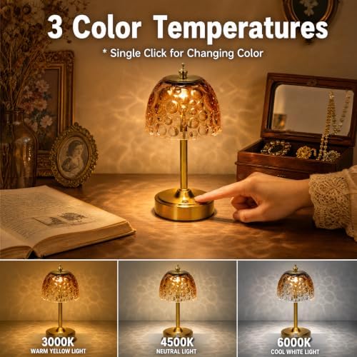 Mini Rechargeable Cordless Touch Table Lamp, Battery Powered, Amber Bubble Glass Shade, 2600mAh, 3 Color Temperatures, Stepless Dimming, for Bedside Dresser Bookshelf