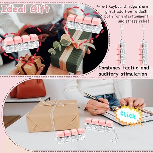 2 PCS Keyboard Fidget Toy, Keyboard Fidget Keychain 4-in-1 Keyboard Decompression Button Finger Clicker Toys, Button Stress Relief Fidget Gifts to Relief Stress (Pink)