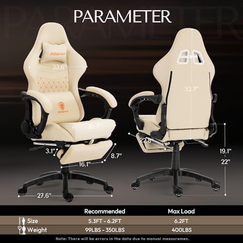 Dowinx Big & Tall Vintage Gaming Chair for Adults, 400 lb Capacity Heavy Duty Ergonomic Computer Chair with Dual Extended Footrest & Massage, Ivory White