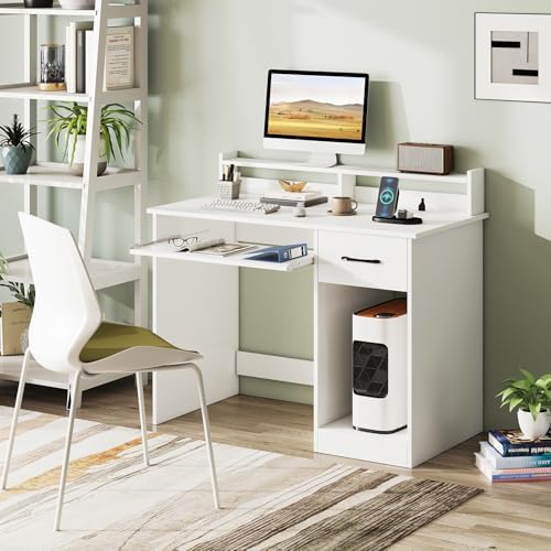 GIANTEX White Desk with Drawers, Modern Home Office Desk with Keyboard Tray, Monitor Stand & Adjustable Shelf, PC Laptop Table Computer Workstation, Study Writing Desk for Small Spaces, Bedroom