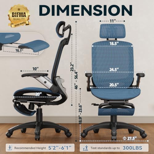 Ergonomic Office Chair with Footrest – High Back Executive Mesh Desk Chair for Corporate & Home, 135° Recline Task Computer Chair with Flip-Up Arms, Wide Seat, Class-4 Cylinder, 300 LBS - GY01BL-FT