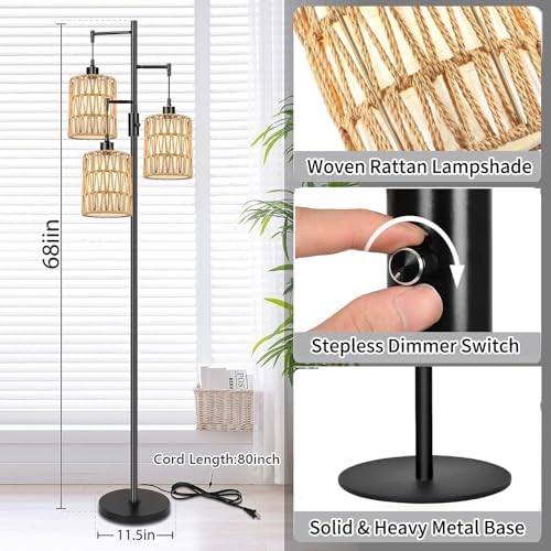 ZECOXOL Boho Floor Lamp for Living Room Bedroom-3 Light Dimmable Floor Lamp with Three Led Bulb, Rustic Tall Lamp Black Standing Lamp Tree Floor Lamps for Living Room Bedroom,Office,Corner