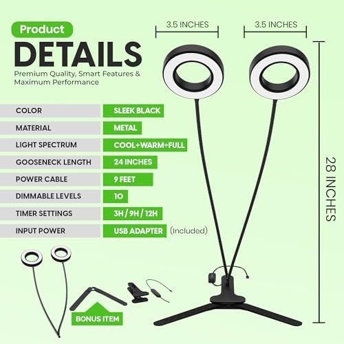 OSANI LED Grow Lights for Indoor Plants, 24" Full Spectrum Plant Light with Gooseneck Clip On Clamp, Dimmable Desk Lamp, Auto Timer, Indoor Plant Grow Light