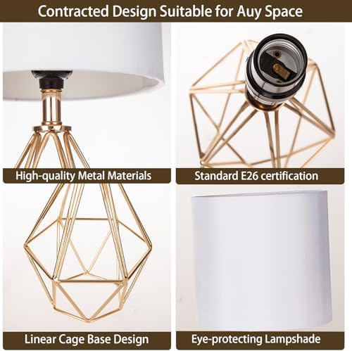 Small Gold Table Lamp Set of 2, Bedside Nightstand Lamps with White Shade, Hollow Metal Base, Modern Geometric Desk Lamp for Bedrooms, Living Room, Office