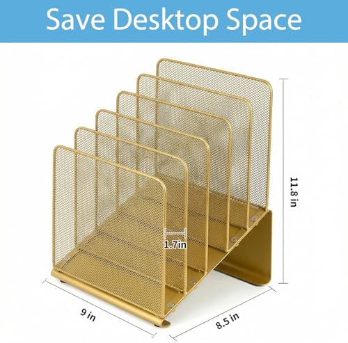 LEKETREE File Organizer for Desk, File Folder Organizer with 5-Section Vertical Rack, Suitable for Home Office Document Organization and Storage(Gold)