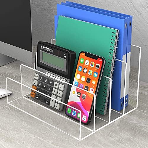 Acrylic File Organizer, 4Sections Clear Desk Organizer for Home Office, Desktop File Folder, Acrylic Mail Organizer Countertop for Notebook, Document and Paper, Clear File Holder,1Pcs