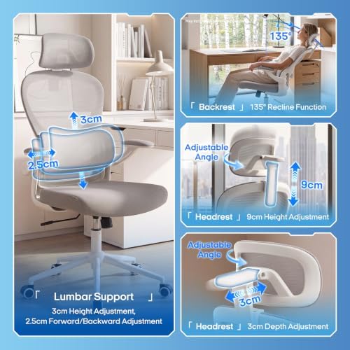 LuxErgo Ergonomic Office Chair, High Back Home Office Chair with 4D Adjustable Headrest & Lumbar Support, 330lbs Capacity Mesh Desk Chairs with Flip-Up Arms, Comfortable Computer Chairs, Gray