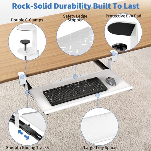 Keyboard Tray Under Desk - Full Metal Slide Out Holder, Rust-Resistant & Scratch-Proof, Double C-Clamps, 26x13" Tray for L Shape/Regular Desks, Standing/Sitting Workstation(White-A)