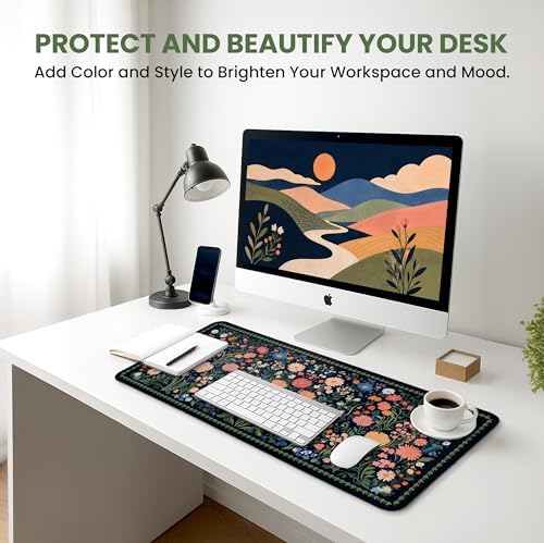 Aesthetic Desk Mat, Cute Whimsy Garden Desk Pad Protector for Work & Decor, 31.5" x 11.8", Pretty Non-Slip Extended Mouse Pad for Office or Home