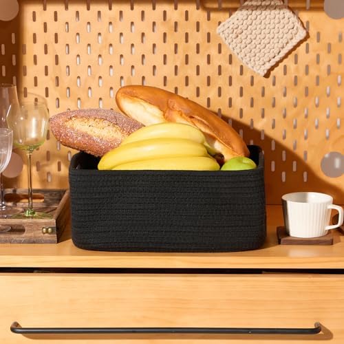 MiniArk Small Storage Baskets for Organizing | Closet Organizer Bins | Shelf Toy Basket | Woven Rope Baskets | Cube Decorative Box | Shallow Basket | 13x8.5x5.1” | 3 Packs Black