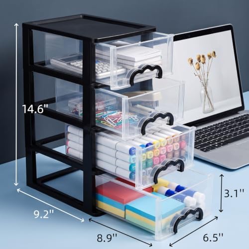 Cididu Desktop Organizer with 4 Drawers, Clear Plastic Storage Drawer Unit, Small Desk Organizer Storage Box, Durable Storage Bin Container Case for Countertop Stationery Pens Makeup Office Supplies