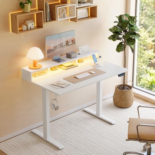Klicelor Electric Standing Desk with Shelf, 48 Inch Height Adjustable Desk with Power Outlets & LED, Sit Stand Up Table with Monitor Stand, Computer Workstation for Home Office, White