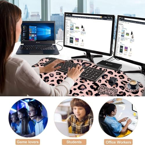 Mouse Pad with Wrist Support + Desk Mat + Coaster 3 in 1 Set, XXL Large Gaming Mousepad Ergonomic Mouse Pads for Desk Computer Laptop Office,Cute Leopard