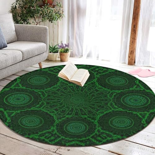 Women's Large Home Decor Mat, Soft Round Yoga Carpet, Non Slip Machine Washable Home Office Circle Rug Tie Dye Indian Mandala Green, 60inch