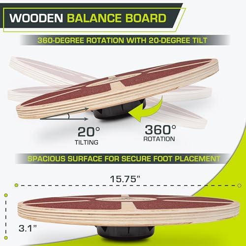 ProsourceFit Wooden Balance Board Non-Slip Wobble Core Trainer 15.75in (39.5cm) Diameter with 360 Rotation for Stability Training, Full Body Exercises, Physical Therapy