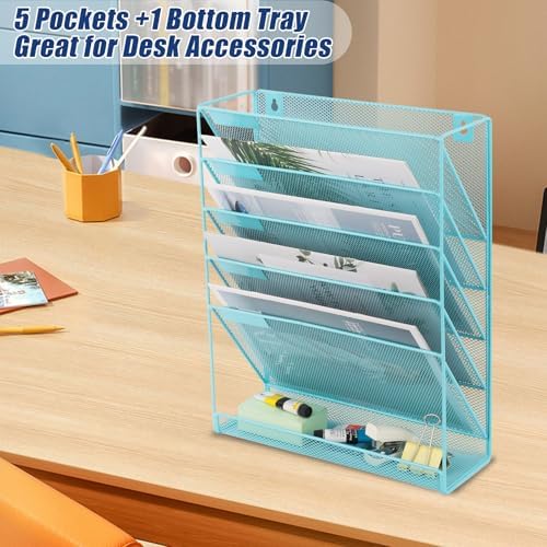 EASEPRES Desk File Organizer Mesh 6-Tier, Hanging Wall Mount Document Organization Stand, Desktop Vertical Mail Paper Folder Holder Rack with Bottom Tray for Office Home Cubicle Countertop, Blue