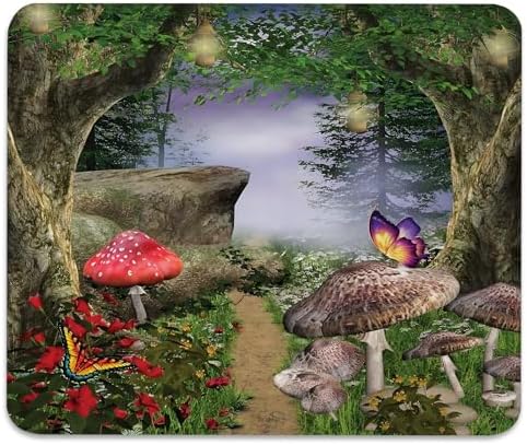 Mushroom Mouse Pad, Enchanted Nature Pathway Butterfly Landscape Desk Mat