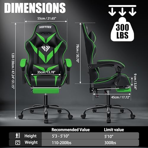 Gaming Chair with Massage Footrest Ergonomic Computer Chair for Boys-Green