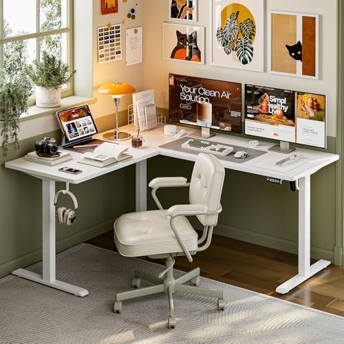 Grandder L Shaped Standing Desk Adjustable Height, Electric Standing Corner Desk, 160 x 140 cm Sit Stand Computer Table with Splice Board, White