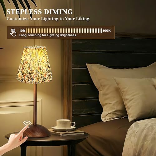 Small Vintage Cordless Table Lamp, Rechargeable Battery Operated Lamp with 3 Color Temperatures Stepless Dimming, Floral Bedside Nightstand Lamp for Bedroom, Living Room, Coffee Table, Bookshelf