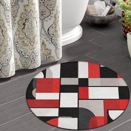 Fashion Round Area Rug Large Non Slip Carpet, Red Black Grey White Art Unisex Home Decor Mat
