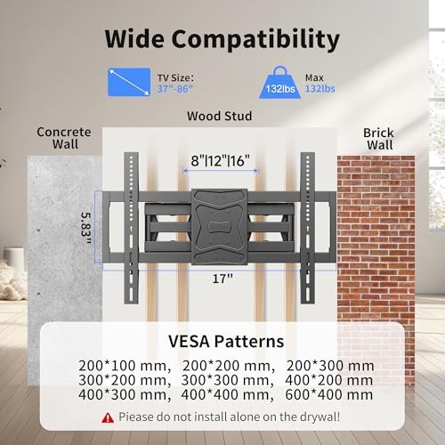 Full Motion TV Wall Mount for Most 37"-86" Flat/Curved TV up to 132lbs,Swivel Tilt Bracket with Articulating 6 Arms, Max VESA 600x400mm, Max 16” Wood Stud, MA02A