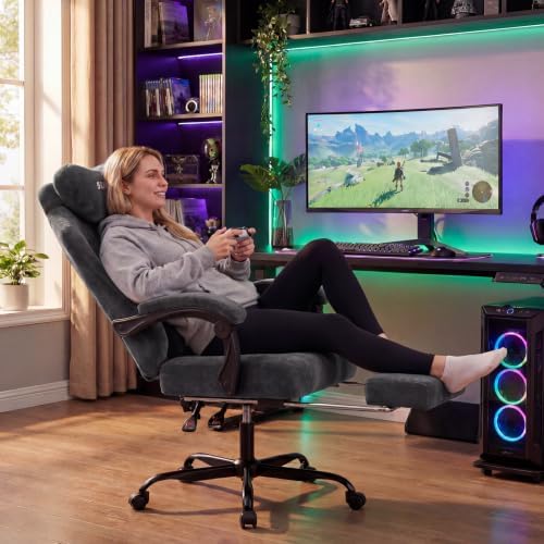 SUKIDA Fabric Video Gaming Chair, Ergonomic High-Back Computer Game Chairs with Large Massage Adjustable Lumbar Support, Headrest and Linked Armrests for Long Hours Sitting Task Chair, Purple
