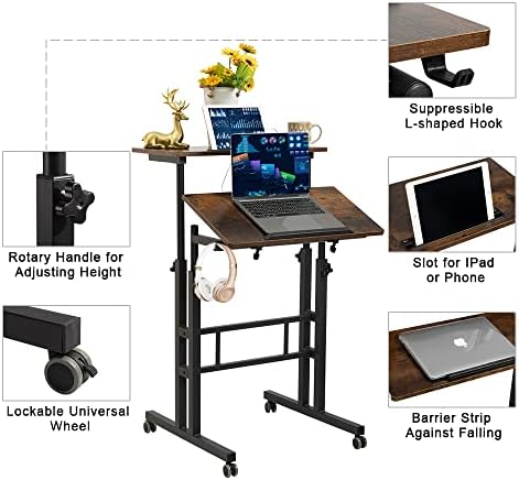 Hadulcet Mobile Standing Desk with Wheels, Rolling Desk Adjustable Height, Portable Laptop Table with Charging Station, Sit Stand up for Home Office, Study, Classroom, Rustic Brown