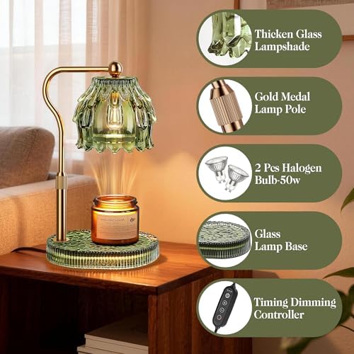 Candle Warmer Lamp with Timer Dimmer, Wax Melts Glass Lamp for Gift, Green