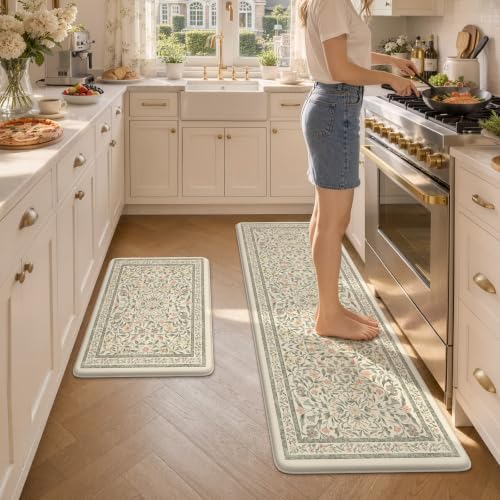 KIMODE Anti Fatigue Kitchen Mats for Floor 2 Piece 20"x59"+20"x32", Boho Kitchen Runner Rugs Non Slip, Beige Cushioned Kitchen Floor Mats, Comfort Standing Mats for Sink, Waterproof Laundry Room Rug