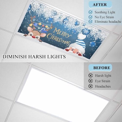 Santa Claus Magnetic Fluorescent Light Covers for Ceiling Lights 2 x 4 Feet,Christmas Elk Cartoon Pine Tree Leaves Blue Office Classroom Kitchen Drop Ceiling Light Covers Filters Shade Panel 1 Pack