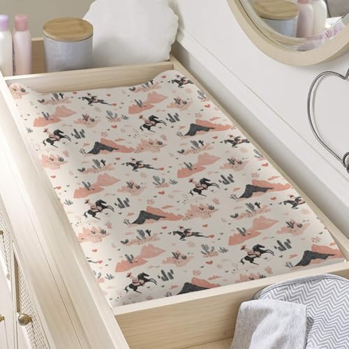 Cartoon Western Cactus Horse Mountains Hearts Baby Changing Pad Cover, Unisex Western Nursery Diaper Changing Table Pad Mat Sheet for Girls-16x32