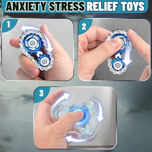 Metal Fidget Spinner Toys for Teens Boys Adults Bike Chain Roller Gadgets ADHD Figette Anxiety Stress Relief Items Quiet Figet Desk Offices EDC Men Easter Basket Stuffer - Blue
