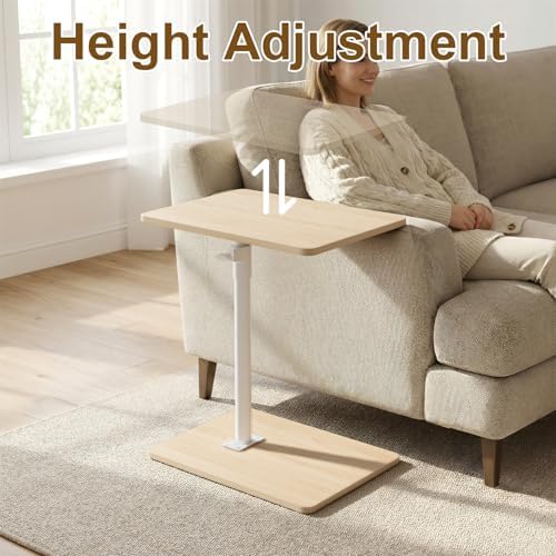 YUHFERA Sofa Armrest Tray Table for Couch - 360 Swivel Height Adjustable End Table for Small Spaces, Snack Side Table for Bed or Chair with Phone & Tablet Slot (Oak, Enlarged)