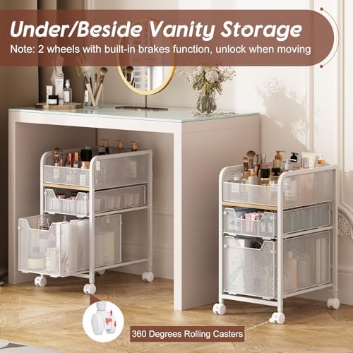 Hongtamoya Rolling Makeup Cart Organizer with 2 Drawers, Under Desk Storage