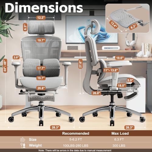 Vonesse Ergonomic Office Chair,Desk Chair with Adjustable 3D Headrest and Armrests, Gaming Chair with Dynamic Lumbar Support & Adjustable Depth Breathable Mesh Seat (Grey)