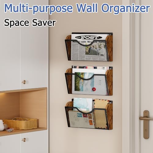 Sbanmao 3 Pack Wall File Organizer, Metal Mesh Hanging File Folder Holder for Letter/A4 Size Folders, Wall Mounted File Holder, Mail Organizer for Office Home Classroom Paper, Document Organization
