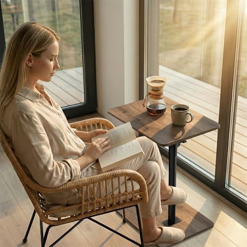 YUHFERA Sofa Armrest Tray Table for Couch - 360 Swivel Height Adjustable C Shaped End Table for Small Spaces, Snack Side Table for Bed or Chair with Phone & Tablet Slot (Gray, Enlarged)