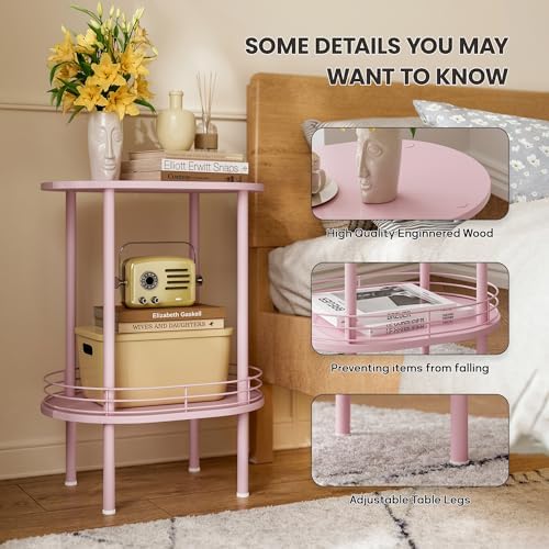 Pink Oval Nightstand Set of 2, Small Modern Round Side Table with Storage