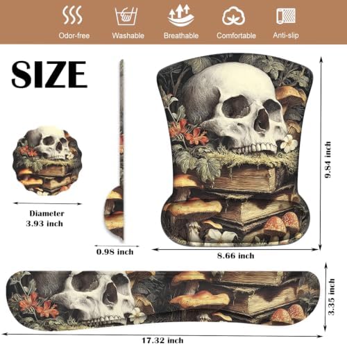 Ergonomic Keyboard Wrist Rest & Mouse Wrist Support Set with Lace Coaster, Gel Memory Foam Anti-Slip Base, Pain Relief for Typing, Gothic Skull & Mushroom