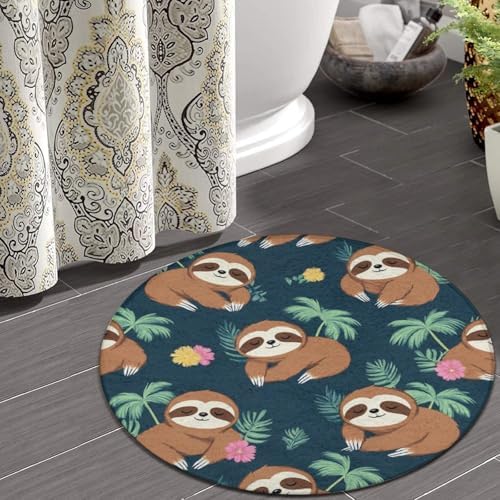 Soft Round Yoga Carpet, Large Home Decor Mat, Non Slip Machine Washable Kitchen Office Circle Rug Cute Sloths
