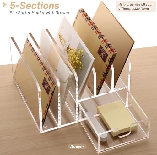 SANRUI Clear Acrylic Mail Organizer with 5 Compartments and 1 Drawer