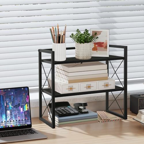 YINMIT Desktop Shelf Organizer, 2 Tier Office Shelves, Wood Desk Organizer Storage Rack and Freestanding Display Shelf for Office, Dormitory, Home(Black)