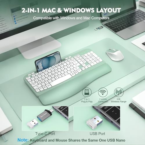 Wireless Keyboard and Mouse Combo, Full-Sized Ergonomic Wave Keys Keyboard with Memory Foam Wrist Rest & Phone Holder, 2.4G Quiet Keyboard Mouse Work Setup for PC Laptop, Office or Home (Mint Green)