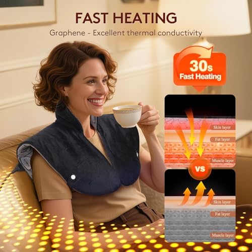 Far Infrared Heating Pad for Neck and Shoulders and Back - 6X Deeper Pain Relief, Graphene 30s Fast Heat, 8 Heat Setting, 16 Timer, Automatic Memory, Weighted Heating Pads Gift for Women&Men (Black)
