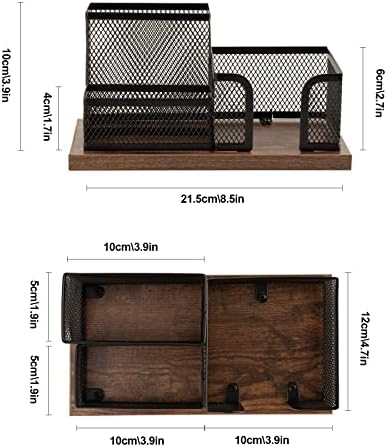 Antique Wood & Mesh Pen Holder Office Supplies Caddy, Storage Baskets for Desktop Accessorieswith Sticky Notes Holder,3 Compartments(2 Pack Black)